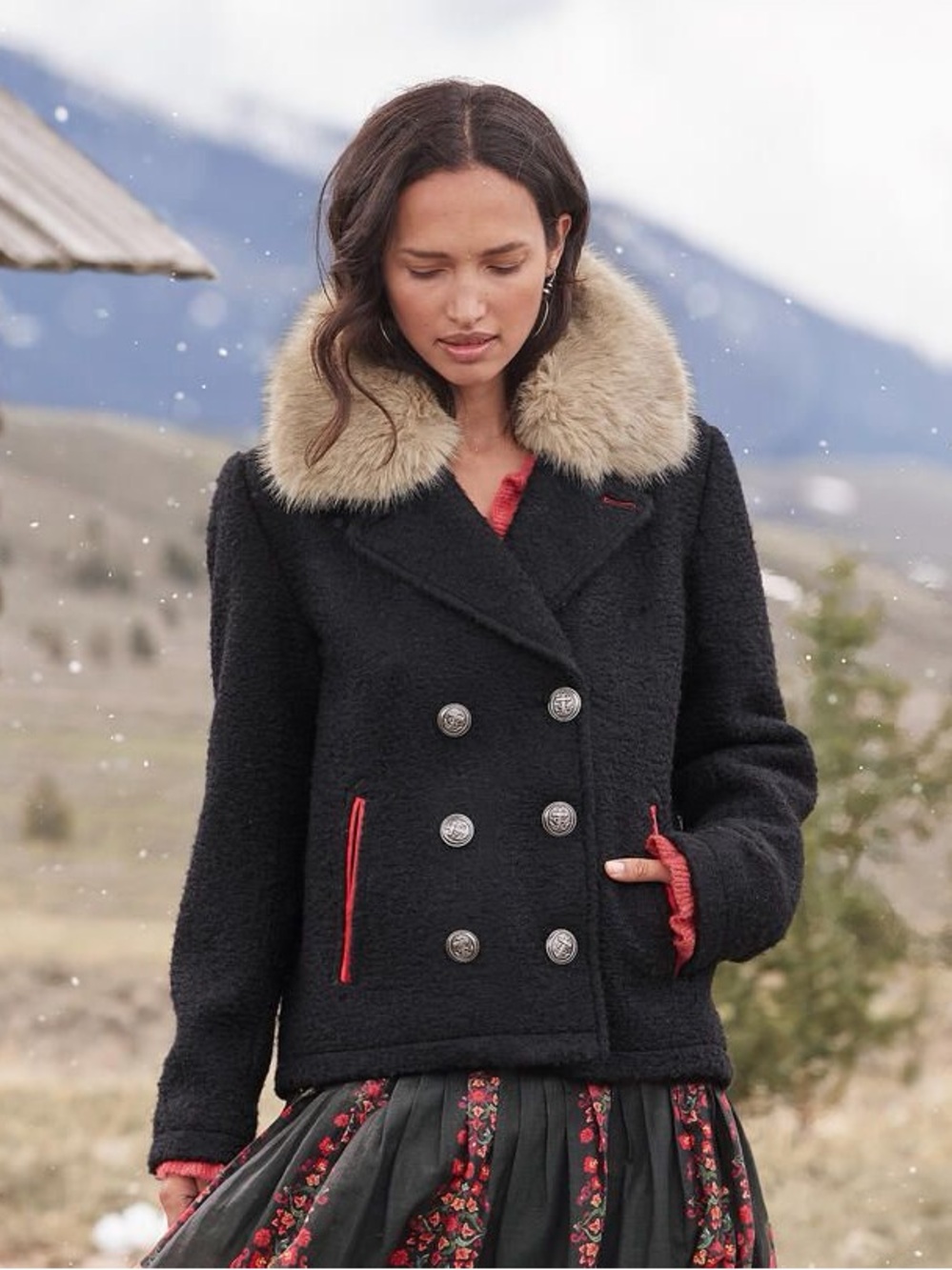 Sundance Double Breasted Bouclé Wool Blend Coat Faux Fur Collar S
